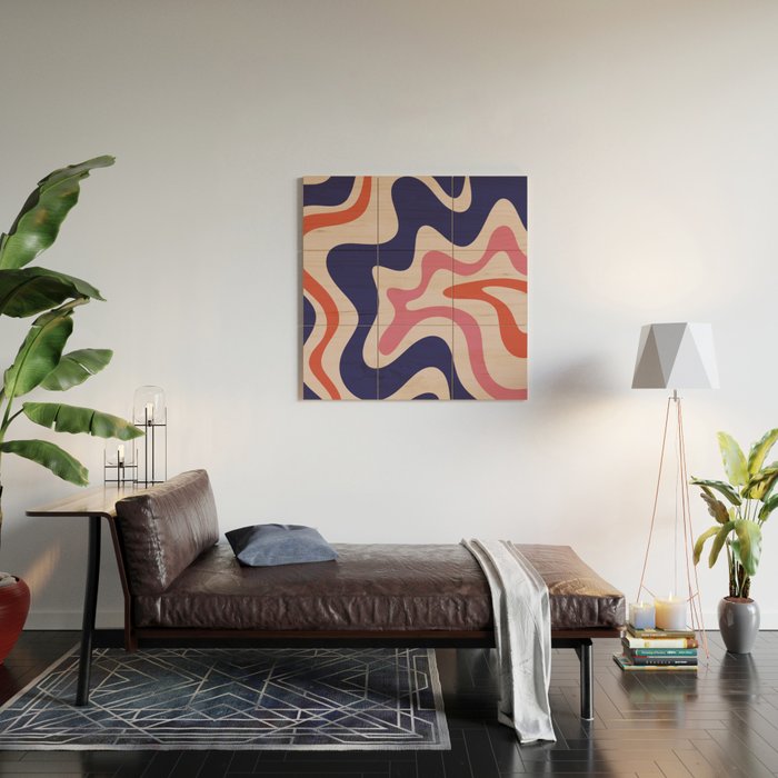 Retro Liquid Swirl Abstract Pattern Square Navy Blue Pink Red-Orange Wood Wall Art Gallery Image 2