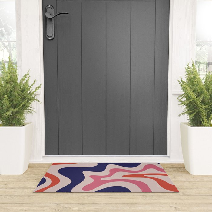 Retro Liquid Swirl Abstract Pattern Square Navy Blue Pink Red-Orange Welcome Mat Gallery Image 3