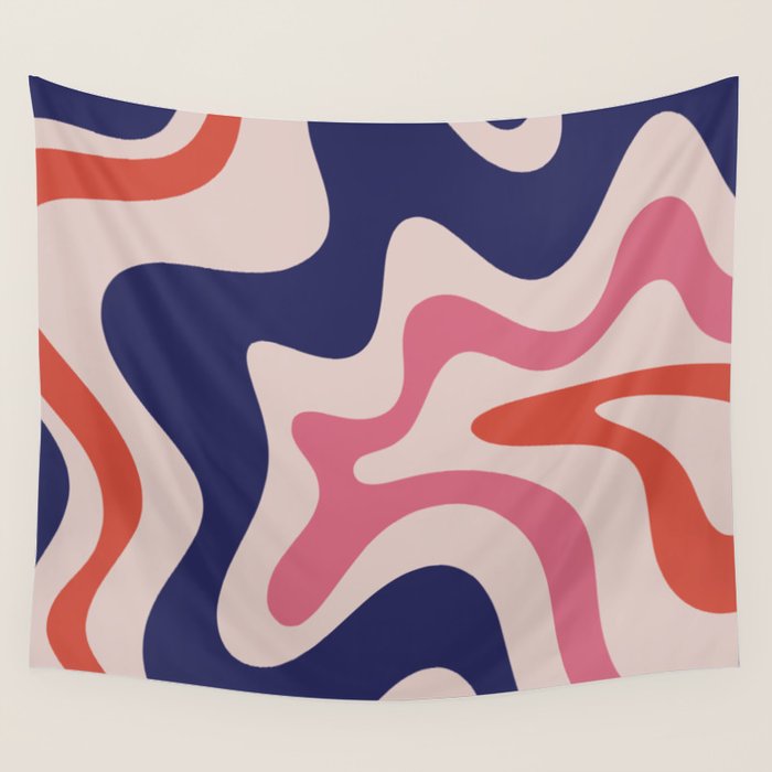 Retro Liquid Swirl Abstract Pattern Square Navy Blue Pink Red-Orange Wall Tapestry Gallery Image 4