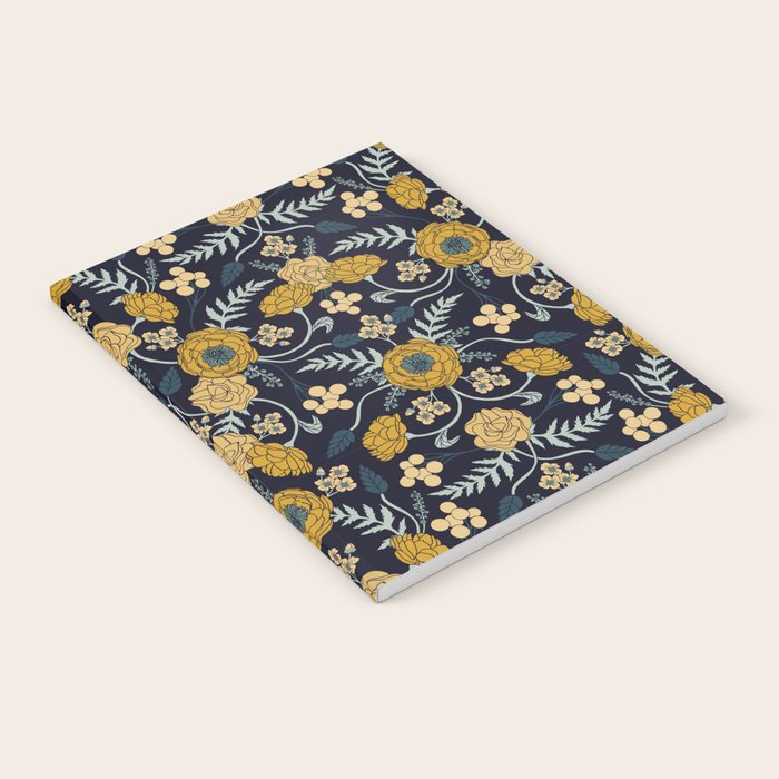 Navy Blue, Turquoise, Cream & Mustard Yellow Dark Floral Pattern Notebook Gallery Image 2