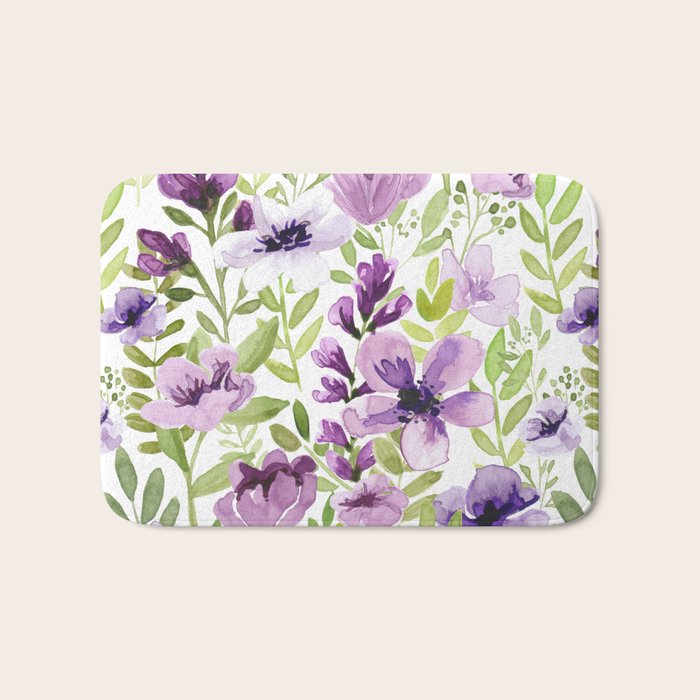 Watercolor/Ink Purple Floral Painting Bath Mat Gallery Image 1