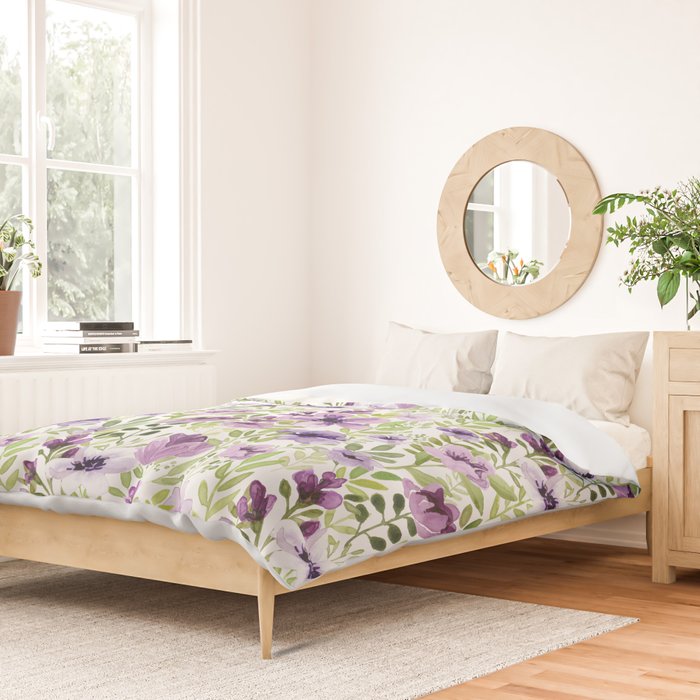 Watercolor/Ink Purple Floral Painting Duvet Cover Gallery Image 2