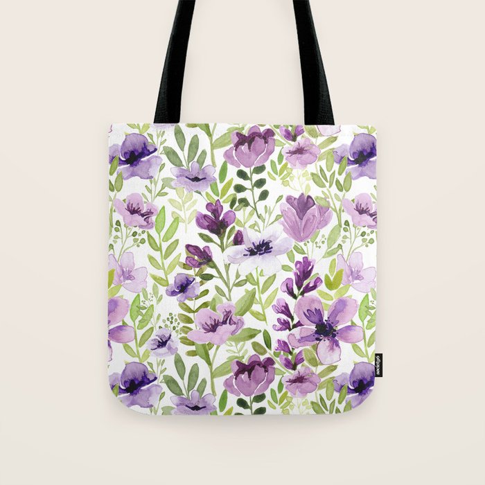Watercolor/Ink Purple Floral Painting Tote Bag Gallery Image 1