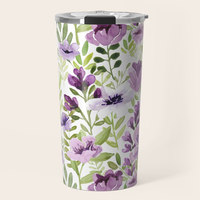 Watercolor/Ink Purple Floral Painting Travel Mug Gallery Image 1