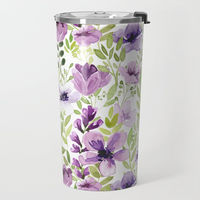 Watercolor/Ink Purple Floral Painting Travel Mug Gallery Image 2