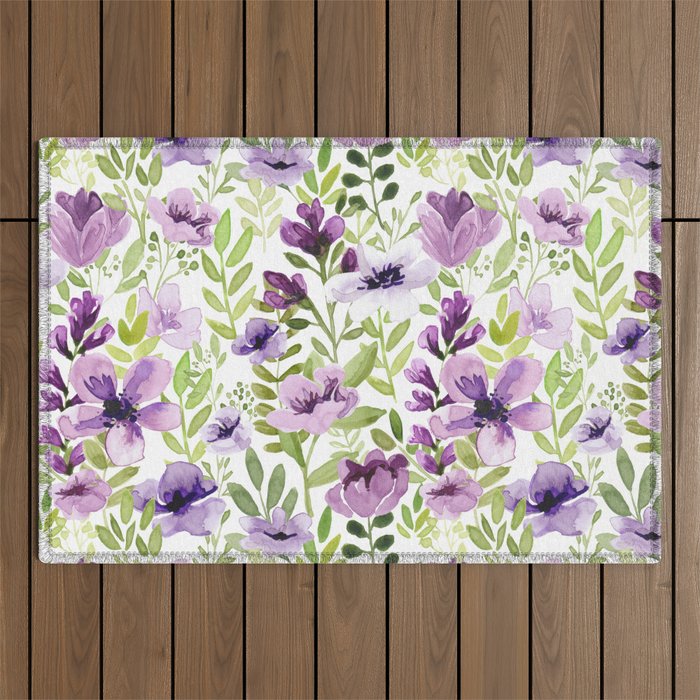 Watercolor/Ink Purple Floral Painting Outdoor Rug Gallery Image 1