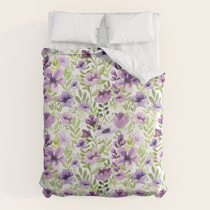 Watercolor/Ink Purple Floral Painting Duvet Cover Gallery Image 6