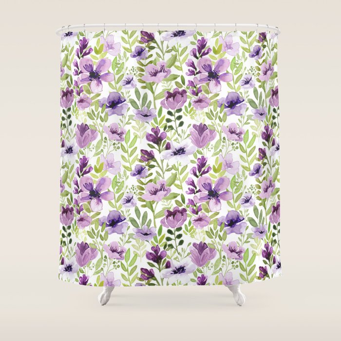 Watercolor/Ink Purple Floral Painting Shower Curtain Gallery Image 1