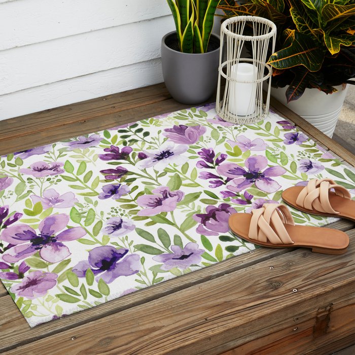 Watercolor/Ink Purple Floral Painting Outdoor Rug Gallery Image 2