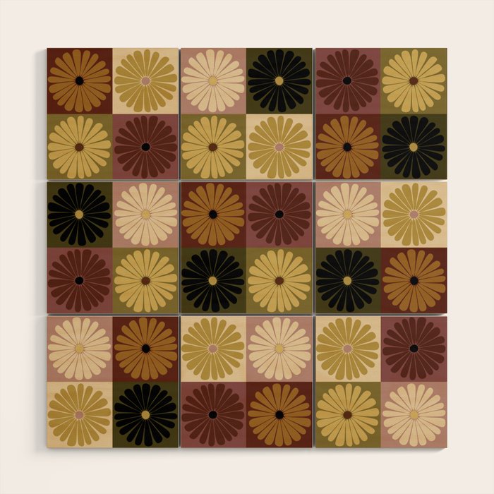 Retro Flowers Check Pattern III Wood Wall Art Gallery Image 1