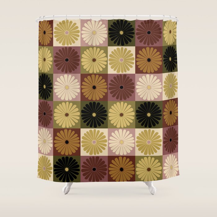 Retro Flowers Check Pattern III Shower Curtain Gallery Image 1