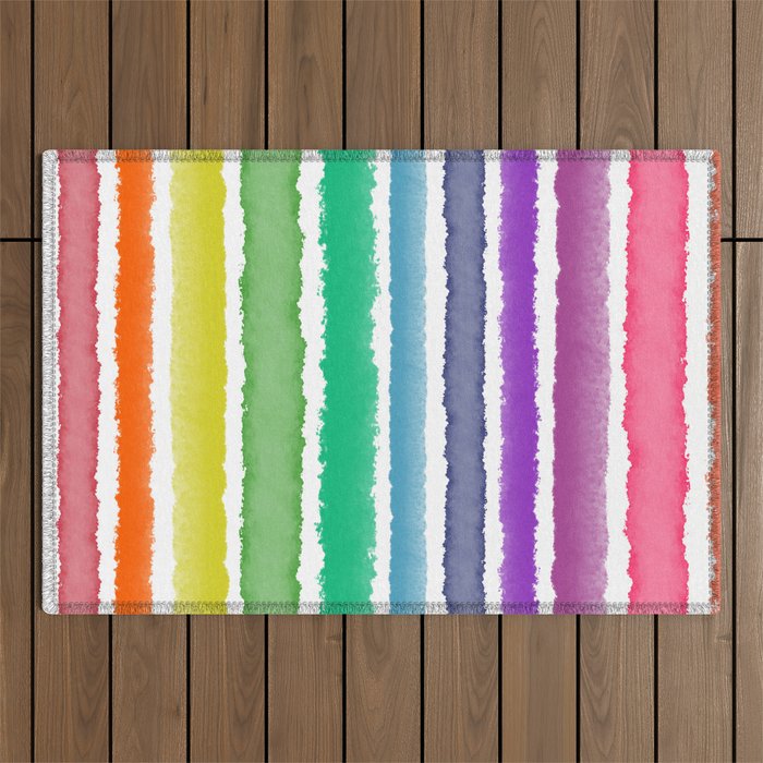Wide Watercolor Stripes - Rainbow Colors Outdoor Rug Gallery Image 1
