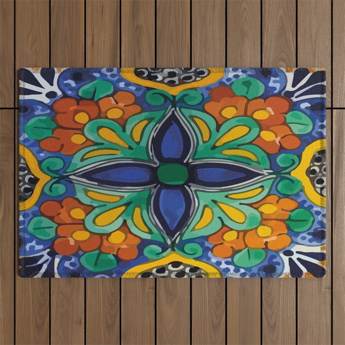 Maximalist leaves mexican flowers talavera pottery blue azulejo tile Outdoor Rug Gallery Image 1