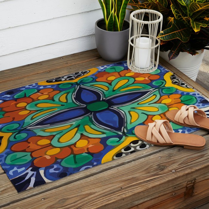 Maximalist leaves mexican flowers talavera pottery blue azulejo tile Outdoor Rug Gallery Image 2