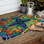Maximalist leaves mexican flowers talavera pottery blue azulejo tile Outdoor Rug Gallery Image 2