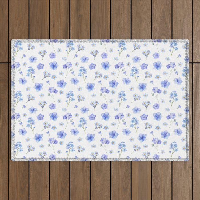 Elegant blush blue yellow watercolor floral pattern Outdoor Rug Gallery Image 1