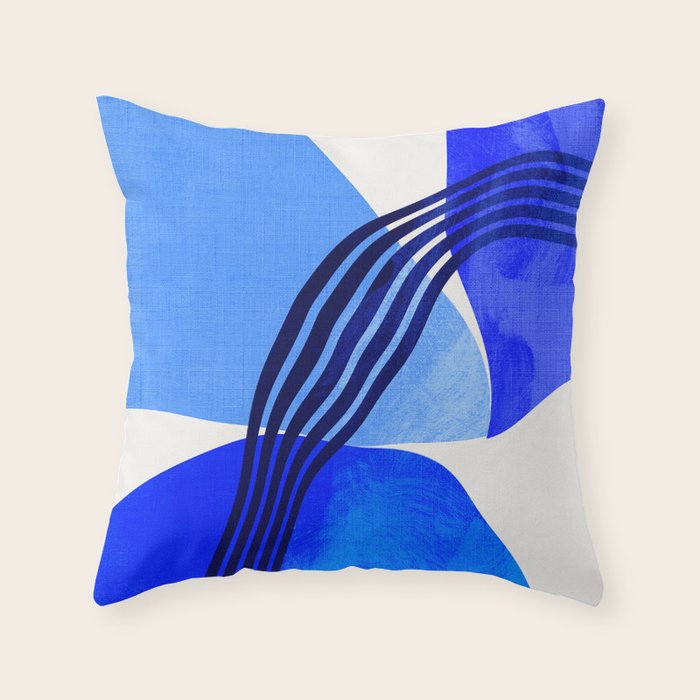 minimal mid century mod organic shapes blue Throw Pillow Gallery Image 1