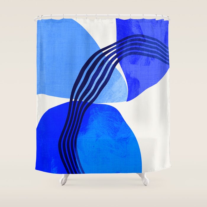 minimal mid century mod organic shapes blue Shower Curtain Gallery Image 1