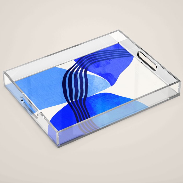 minimal mid century mod organic shapes blue Acrylic Tray Gallery Image 1