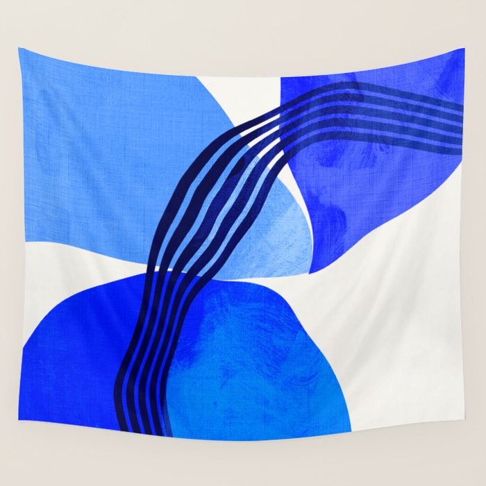 minimal mid century mod organic shapes blue Wall Tapestry Gallery Image 4