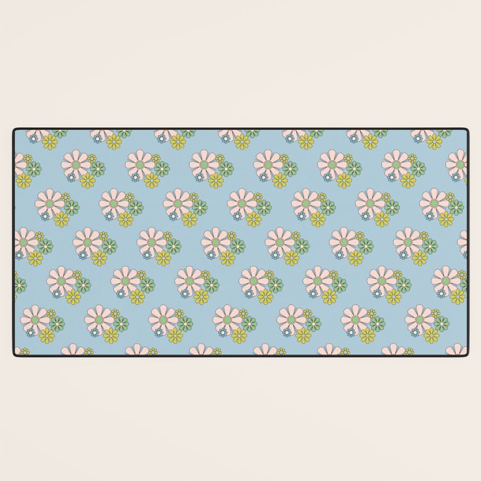 Retro Garden Party 60s 70s Geometric Floral Pattern in Pastel Blue Pink Green Desk Mat Gallery Image 3