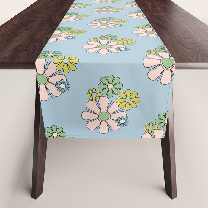 Retro Garden Party 60s 70s Geometric Floral Pattern in Pastel Blue Pink Green Table Runner Gallery Image 1