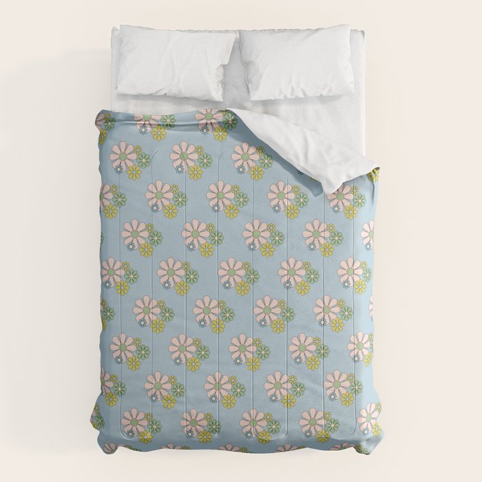 Retro Garden Party 60s 70s Geometric Floral Pattern in Pastel Blue Pink Green Comforter Gallery Image 6
