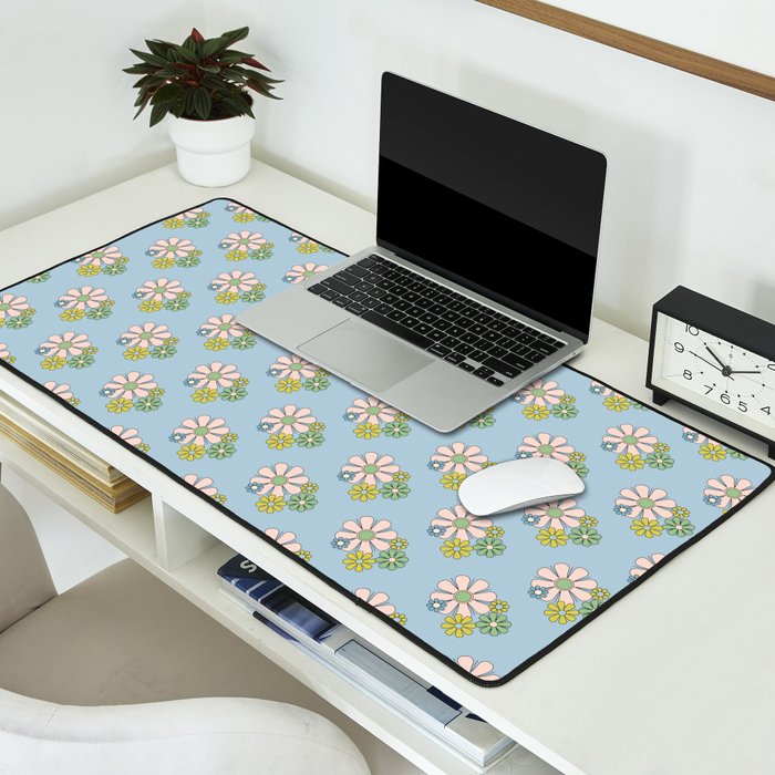 Retro Garden Party 60s 70s Geometric Floral Pattern in Pastel Blue Pink Green Desk Mat Gallery Image 2