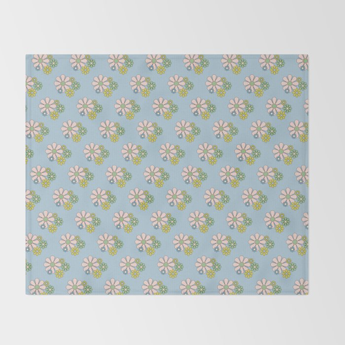 Retro Garden Party 60s 70s Geometric Floral Pattern in Pastel Blue Pink Green Throw Blanket Gallery Image 2
