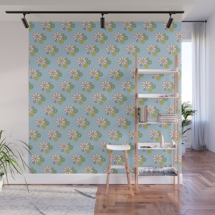 Retro Garden Party 60s 70s Geometric Floral Pattern in Pastel Blue Pink Green Wall Mural Gallery Image 1