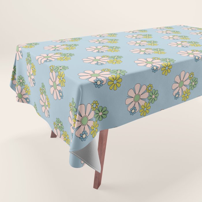 Retro Garden Party 60s 70s Geometric Floral Pattern in Pastel Blue Pink Green Tablecloth Gallery Image 1