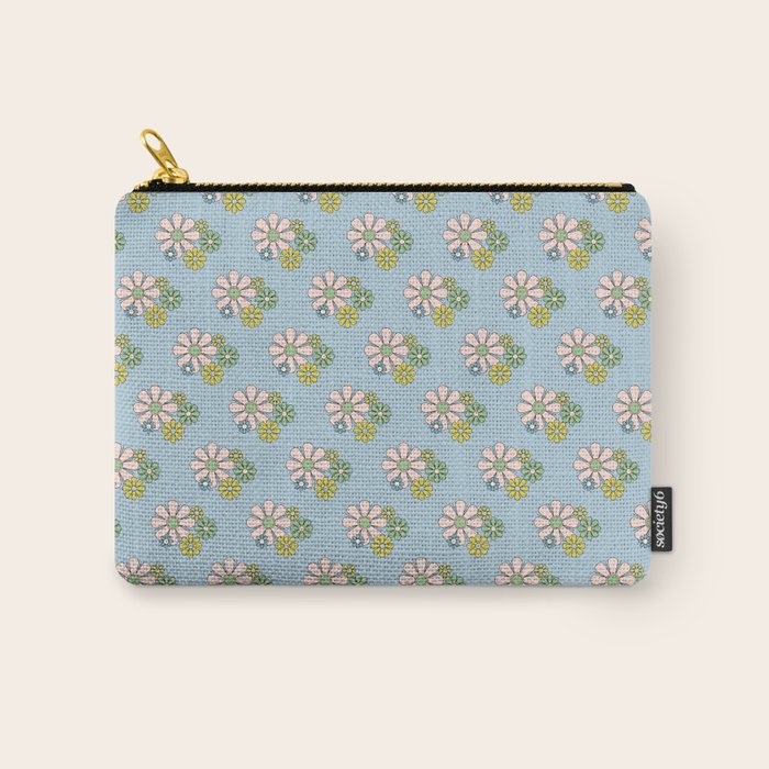 Retro Garden Party 60s 70s Geometric Floral Pattern in Pastel Blue Pink Green Carry All Pouch Gallery Image 1