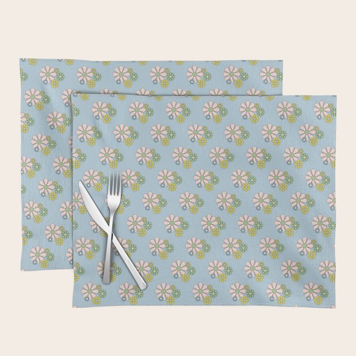 Retro Garden Party 60s 70s Geometric Floral Pattern in Pastel Blue Pink Green Placemat Gallery Image 1