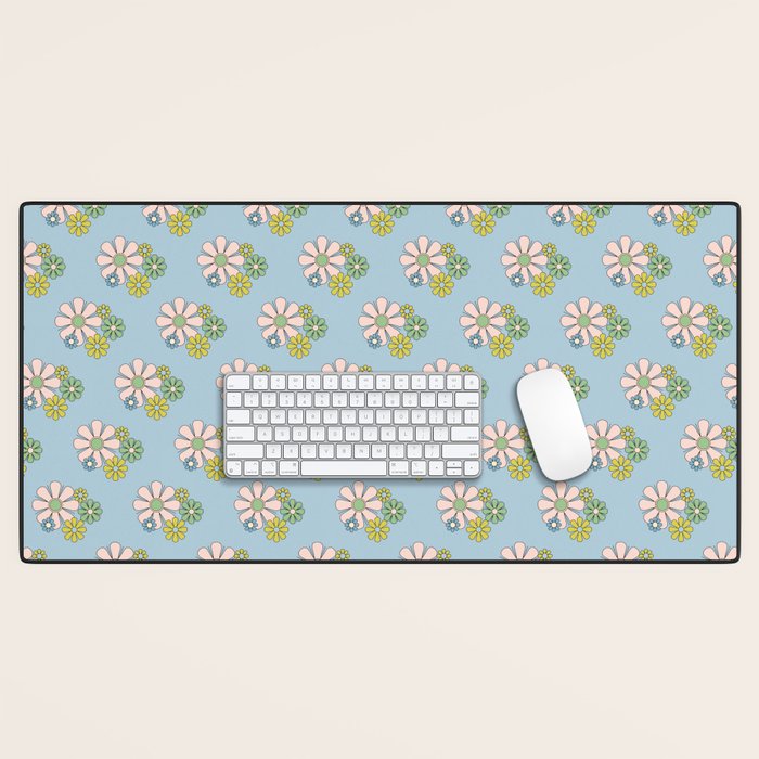 Retro Garden Party 60s 70s Geometric Floral Pattern in Pastel Blue Pink Green Desk Mat Gallery Image 1