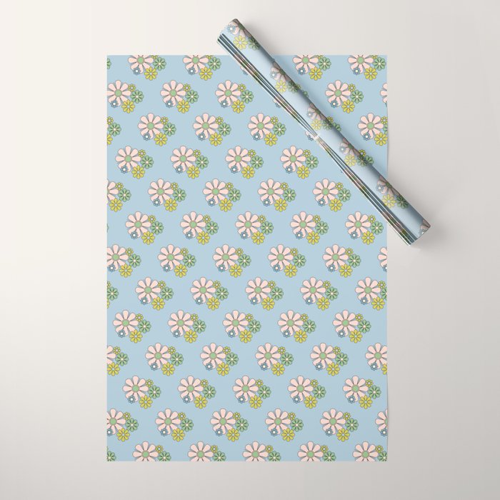 Retro Garden Party 60s 70s Geometric Floral Pattern in Pastel Blue Pink Green Wrapping Paper Gallery Image 1