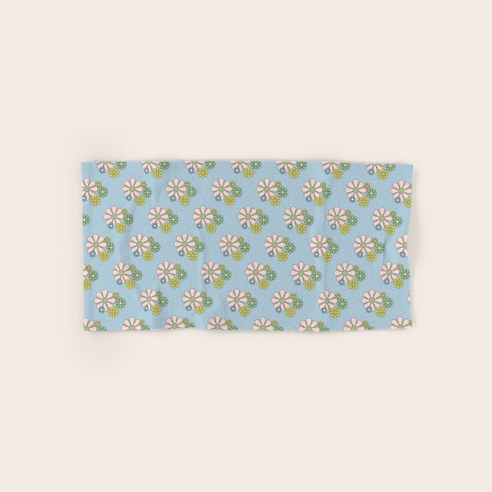Retro Garden Party 60s 70s Geometric Floral Pattern in Pastel Blue Pink Green Bath Towel Gallery Image 1