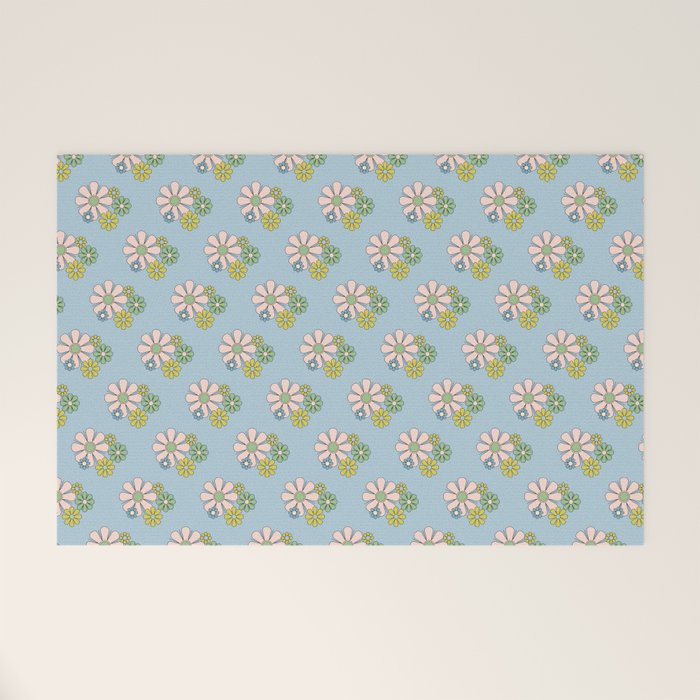 Retro Garden Party 60s 70s Geometric Floral Pattern in Pastel Blue Pink Green Welcome Mat Gallery Image 1