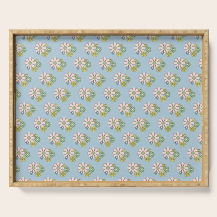Retro Garden Party 60s 70s Geometric Floral Pattern in Pastel Blue Pink Green Serving Tray Gallery Image 1