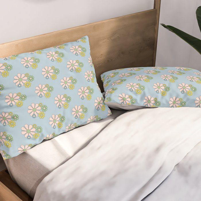 Retro Garden Party 60s 70s Geometric Floral Pattern in Pastel Blue Pink Green Pillow Sham Gallery Image 2