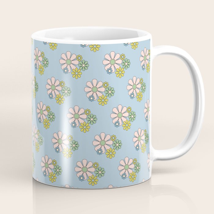 Retro Garden Party 60s 70s Geometric Floral Pattern in Pastel Blue Pink Green Coffee Mug Gallery Image 1