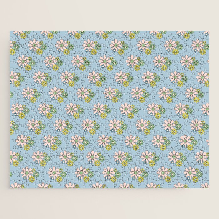 Retro Garden Party 60s 70s Geometric Floral Pattern in Pastel Blue Pink Green Jigsaw Puzzle Gallery Image 1