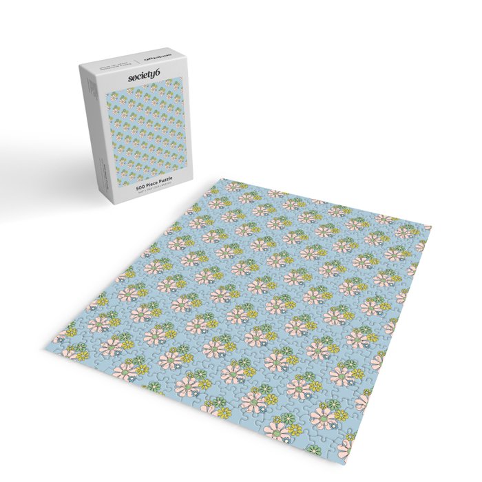 Retro Garden Party 60s 70s Geometric Floral Pattern in Pastel Blue Pink Green Jigsaw Puzzle Gallery Image 2
