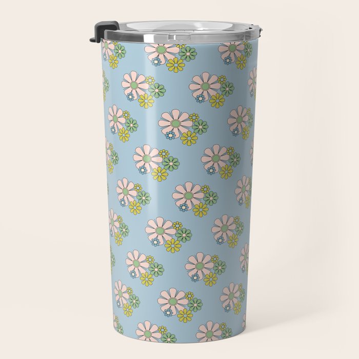 Retro Garden Party 60s 70s Geometric Floral Pattern in Pastel Blue Pink Green Travel Mug Gallery Image 3