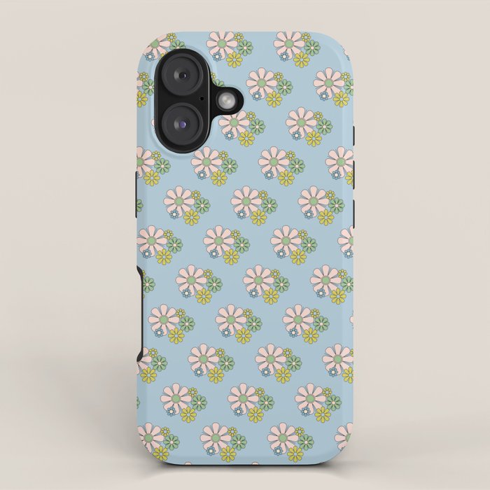 Retro Garden Party 60s 70s Geometric Floral Pattern in Pastel Blue Pink Green iPhone Case Gallery Image 1