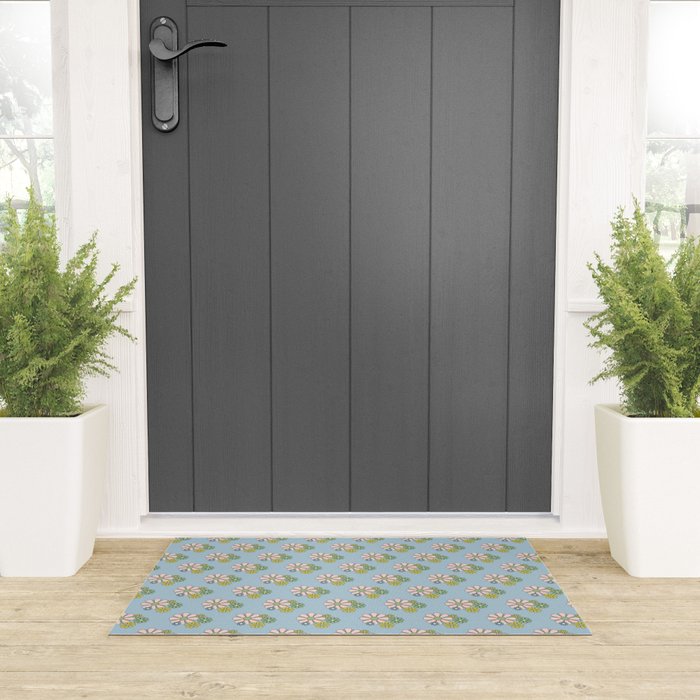 Retro Garden Party 60s 70s Geometric Floral Pattern in Pastel Blue Pink Green Welcome Mat Gallery Image 3