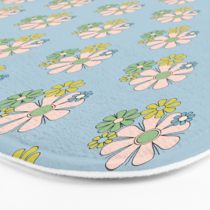 Retro Garden Party 60s 70s Geometric Floral Pattern in Pastel Blue Pink Green Bath Mat Gallery Image 3