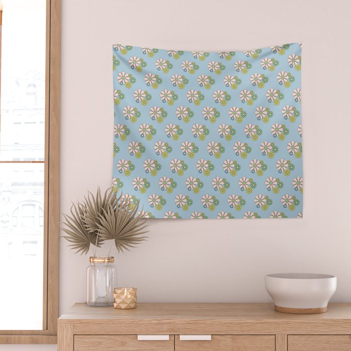 Retro Garden Party 60s 70s Geometric Floral Pattern in Pastel Blue Pink Green Wall Tapestry Gallery Image 2