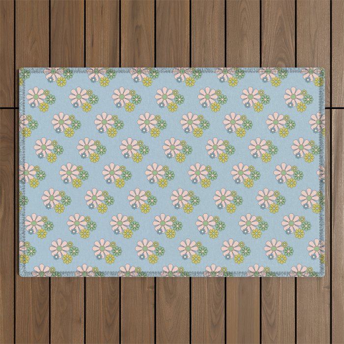 Retro Garden Party 60s 70s Geometric Floral Pattern in Pastel Blue Pink Green Outdoor Rug Gallery Image 1