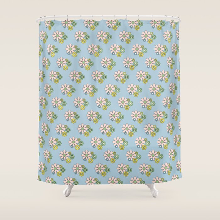 Retro Garden Party 60s 70s Geometric Floral Pattern in Pastel Blue Pink Green Shower Curtain Gallery Image 1