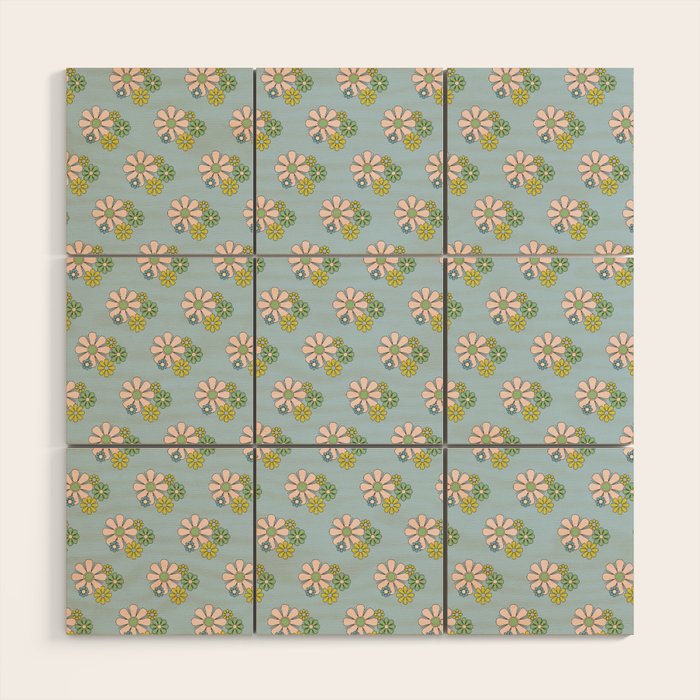 Retro Garden Party 60s 70s Geometric Floral Pattern in Pastel Blue Pink Green Wood Wall Art Gallery Image 1